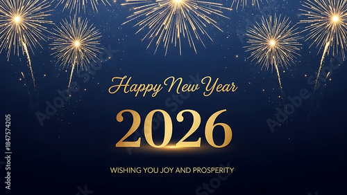 Elegant New Year 2026 greeting design with golden fireworks
