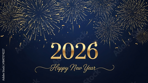 Elegant New Year 2026 greeting design with golden fireworks
