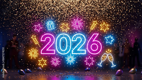 2026 New Year party background with neon lights and confetti
