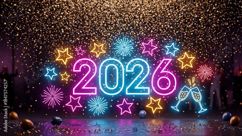 2026 New Year party background with neon lights and confetti
