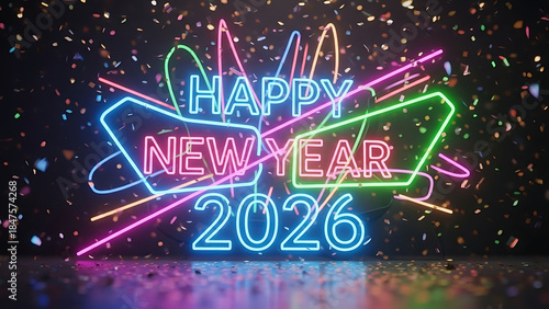 2026 New Year party background with neon lights and confetti
