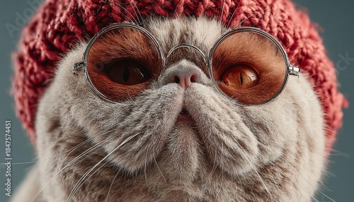A stylish cat wearing round glasses and a knitted hat, exuding charm and personality.