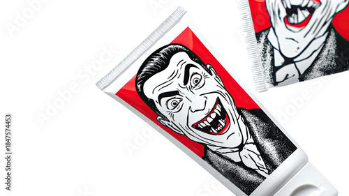 squeeze tube packaging with bold scary illustered laughing face and graphic red artwork for novelty product isolated on white background