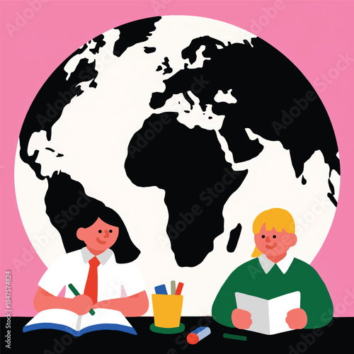 Illustration Of Students Focusing On Studying, World Map Around Vector Design Template