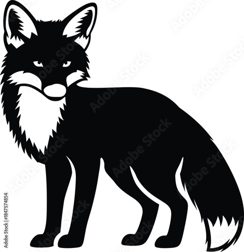 Black and white fox vector illustration isolated on white background depicting a wild forest animal in minimalist silhouette style for logo icon and tattoo art.