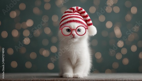 A cute white kitten wearing a red and white striped hat with glasses, surrounded by bokeh.