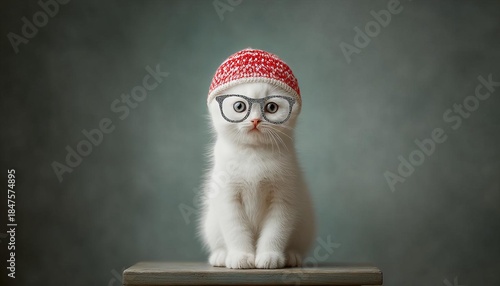 A cute kitten wearing glasses and a knitted hat, posing with a stylish expression.