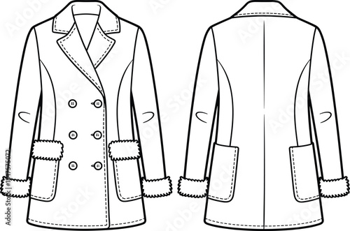 Women’s winter coat fashion flat sketch, double breasted outerwear, vector CAD drawing, apparel technical illustration, shearling trim design, stylish garment