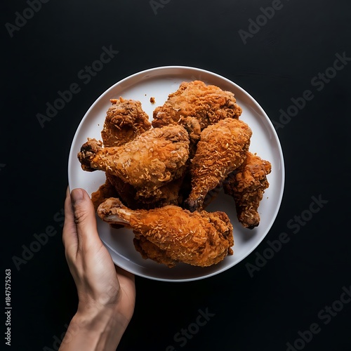 A hand presenting a white plate filled with perfectly golden and crispy fried chicken pieces Ai Generated