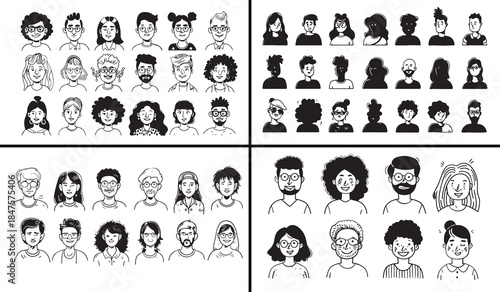 human head silhouette vector, people portrait illustration set, face profile black silhouettes, character head outline art, men women portrait vector, identity profile illustration, human head icon pa