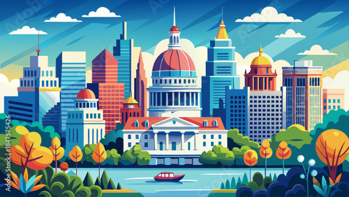 Very beautiful skyline of Madison, Wisconsin, featuring the iconic Wisconsin State Capitol rising above the city, surrounded by lakes, historic architecture, and a balanced blend of nature and governm