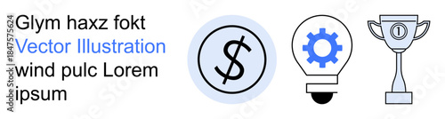 Business strategy, innovation, financial growth, goal achievement, success recognition, productivity. Icon set with a dollar sign, light bulb with gear and trophy. Business strategy and innovation