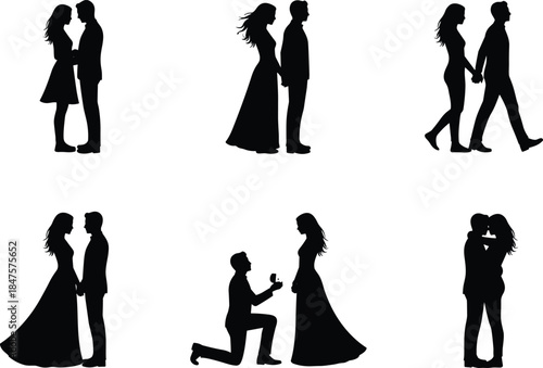 Romantic couple silhouettes showing love moments walking holding hands proposal engagement kissing wedding relationship vector illustration set collection black white