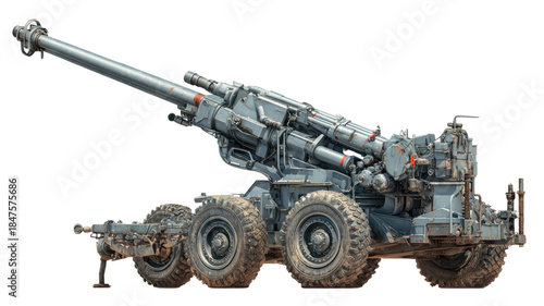 An old Soviet-era heavy military tank and armored vehicle with a green cannon stands as an isolated powerful artillery machine for army transport during battle and war