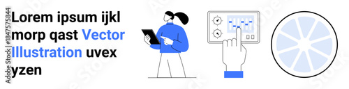 Data management, technology, analytics, interface design, digital tools, decision-making. Person holding a tablet and interacting with a dashboard. Data management and technology concept