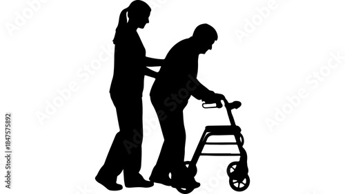 Caregiver assisting senior woman with walker with transparent background