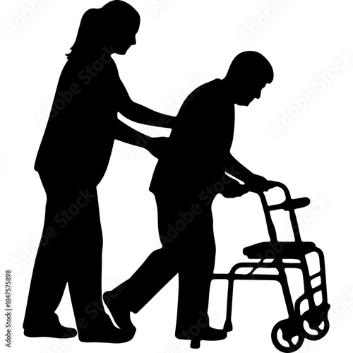Caregiver assisting senior woman with walker with transparent background