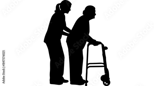 Caregiver assisting senior woman with walker with transparent background