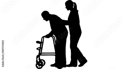 Elderly man with walker assisted by caregiver with transparent background