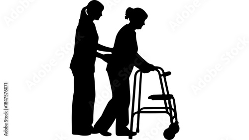Caregiver assisting senior woman with walker with transparent background