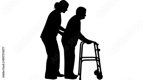 Elderly man walking with caregiver with transparent background