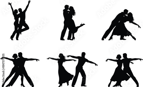 Romantic dance couple silhouettes collection expressing love passion tango movements elegant poses wedding relationship vector illustration black white