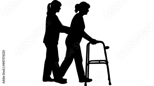 Caregiver assisting senior woman with walker with transparent background