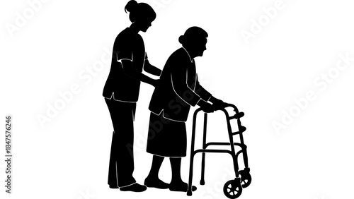 Caregiver assisting senior woman with walker with transparent background