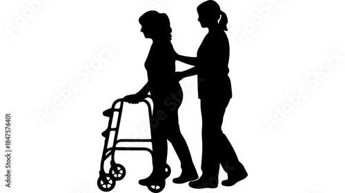 Elderly woman walking with caregiver with transparent background
