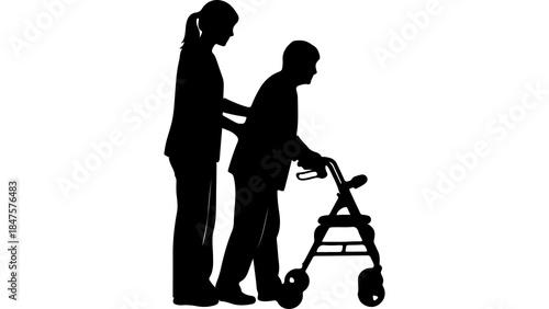 Elderly man walking with caregiver with transparent background