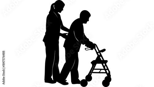 Caregiver assisting senior man with walker with transparent background
