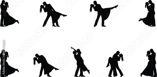 Romantic dancing couple silhouettes kissing embracing in elegant ballroom poses expressing love passion relationship vector illustration isolated black