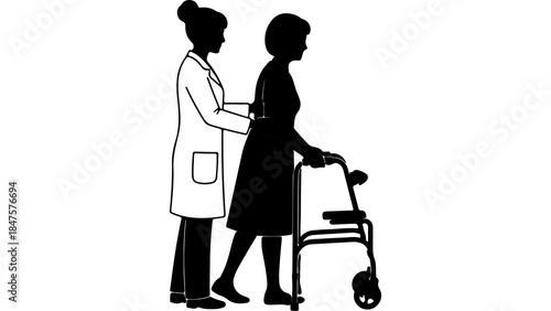 Nurse assisting senior woman with walker with transparent background