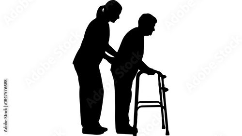 Caregiver assisting senior woman with walker with transparent background