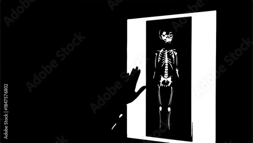 Skeleton emerging from doorway with transparent background