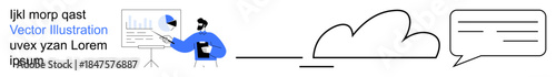 Business strategies, cloud technology, team collaboration, data analytics, digital tools, online communication. A person presenting on a chart, linked cloud and speech bubble. Business strategies