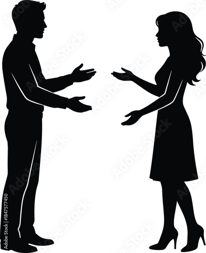 Silhouette of man and woman having emotional conversation, body language communication concept, relationship discussion, argument, negotiation, psychology illustration isolated on white
