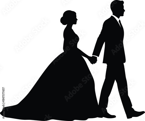 Wedding couple silhouette holding hands walking together representing love marriage romance elegance black vector illustration isolated on white background