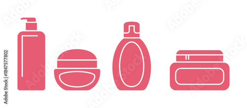Beauty Cosmetics and Personal Care Icons Set Vector Illustration Featuring Bottle Jar, Shower Gel, Face Cream, Body Lotion, Spray Ointment and Paste