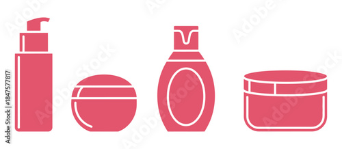 Beauty Cosmetics and Personal Care Icons Set Vector Illustration Featuring Bottle Jar, Shower Gel, Face Cream, Body Lotion, Spray Ointment and Paste