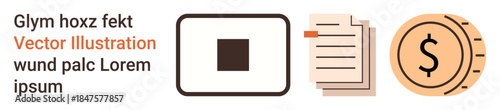 Finance, business transactions, payment systems, document processing, currency exchange, digital tools. Circular dollar symbol, card and document icons. Finance and business transaction