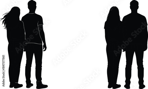 Young couple silhouettes standing together from behind relationship love companionship unity black vector illustration isolated on white background