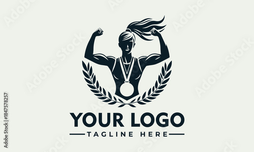 Dynamic female fitness champion vector logo design featuring a strong woman with a medal and laurel wreath, symbolizing victory and athletic achievement