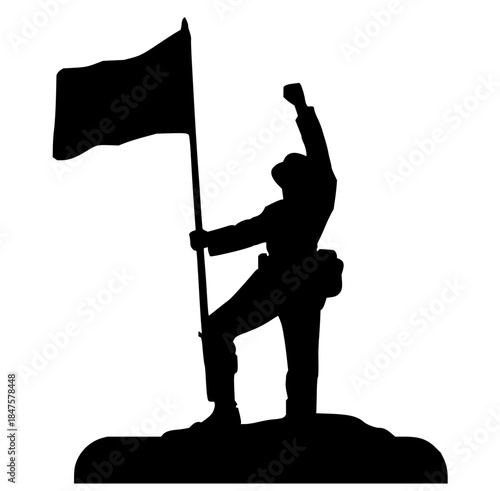 Silhouette of a triumphant figure planting a flag on a summit, symbolizing achievement and victory