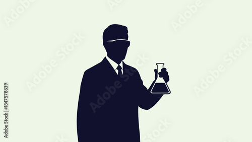 Vector illustration of silhouette of a scientist or chemist in safety goggles holding an erlenmeyer flask