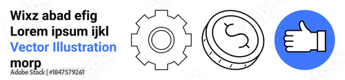 Business strategy, finance, monetary systems, teamwork, growth, technology. Icon set a gear, coin with dollar sign and thumbs up. Business strategy and finance concept