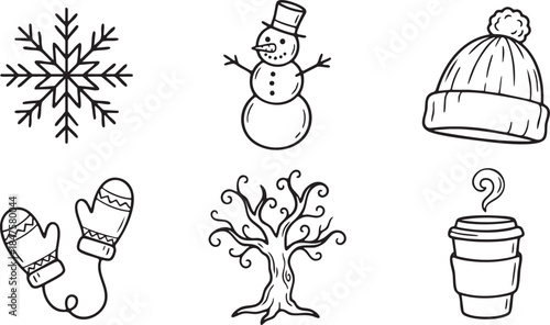 Black and white doodle icons of winter elements snowflake snowman hat mittens tree and coffee cup