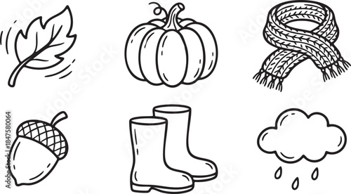 Black and white hand drawn icons of autumn elements leaf pumpkin scarf acorn boots rain cloud fall