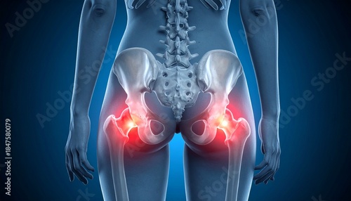 Medical illustration of posterior pelvis with glowing hip joints indicating inflammation or pain.