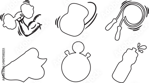 Black and white line art icons of fitness equipment and objects exercise sport